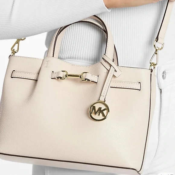 MICHAEL KORS Carson Small Pebbled Leather Satchel cream color gold accent nwt - Picture 2 of 7